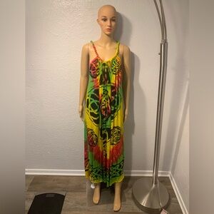 Vibrant Rasta Tie-Dye Maxi Dress - Yellow Green Red Size Medium-Large